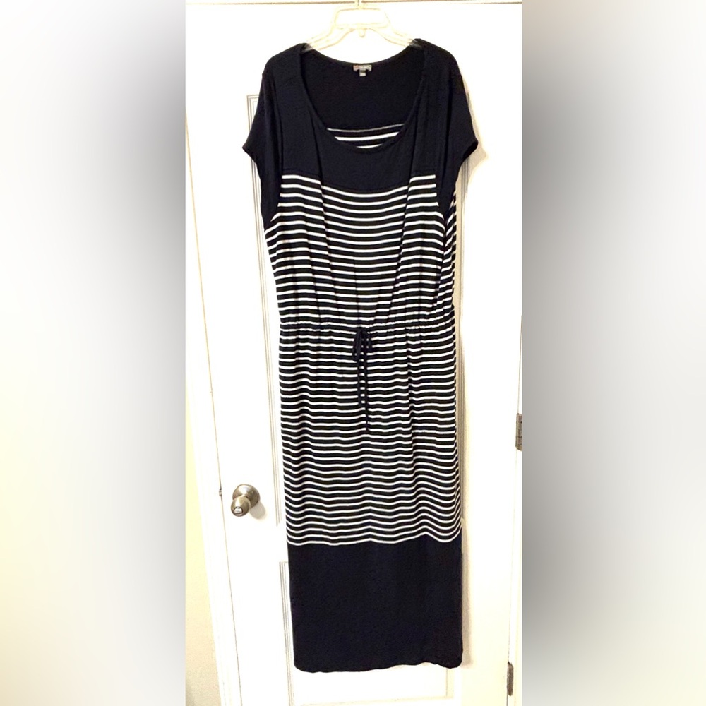 T by Talbots Navy White Striped Maxi Dress Drawstring Waist Size 3X